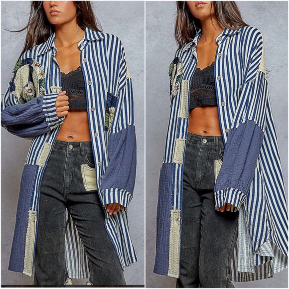 POL Floral Print Peace Patchwork Striped Button Down Long Shirt - Picture 2 of 3